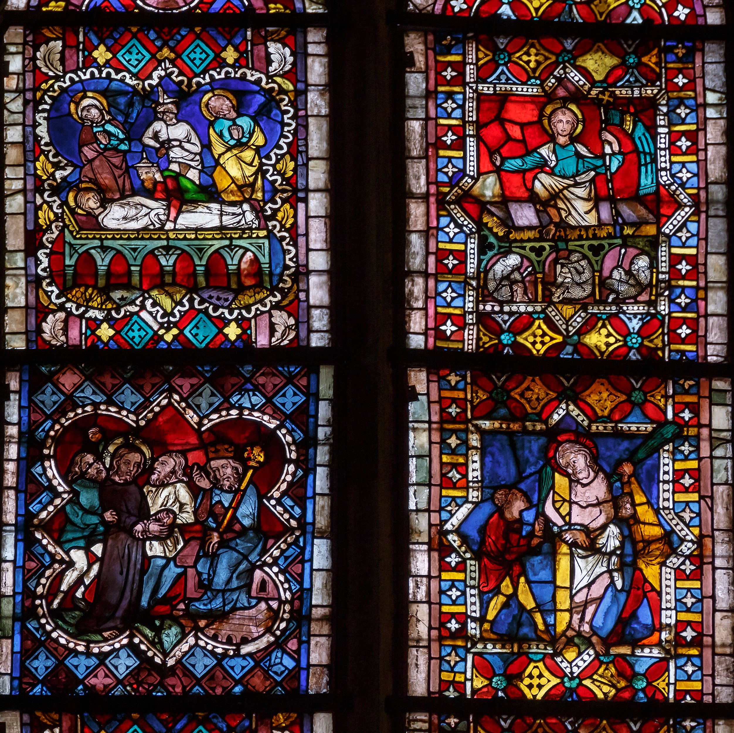 Grablegung, Auferstehung, Verurteilung und Geißelung Jesu, aus dem Nordfenster N II des Hauptchors (obere Reihe), um 1310/20