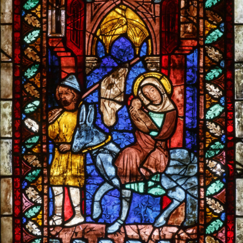 Flucht nach Ägypten mit dem sogenannten "blauen Esel", aus dem Glasfenster s XIII im südlichen Seitenschiff, um 1350