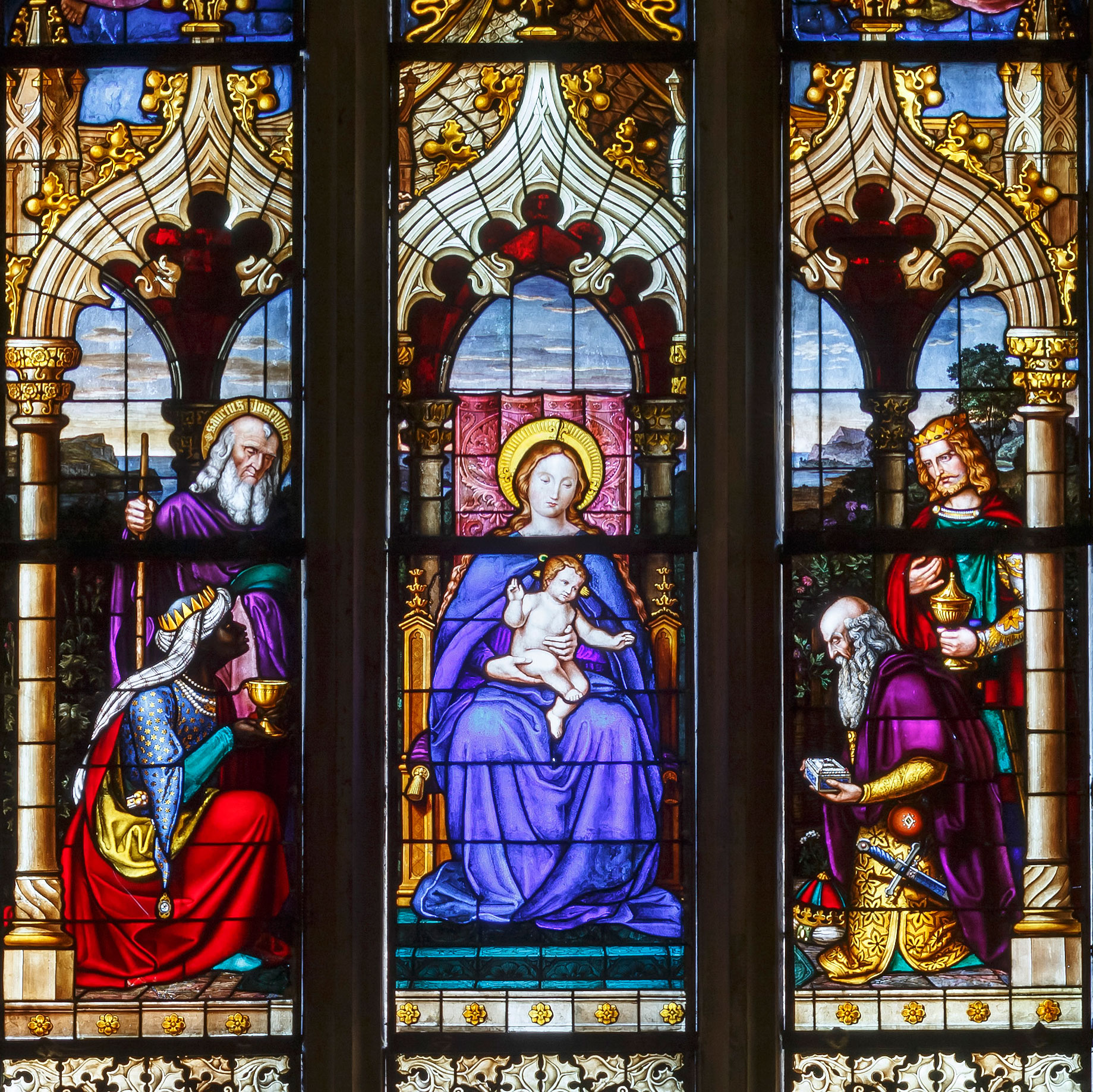 Anbetung der Könige, aus dem Glasfenster nw XIII der Westwand, gestiftet 1829 von König Ludwig I.