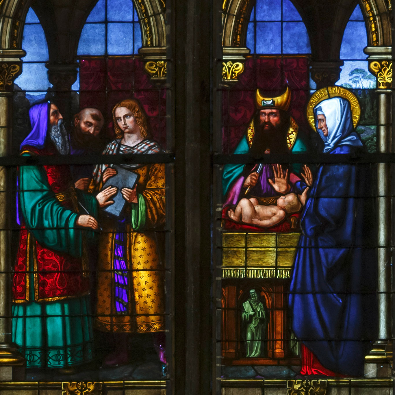 Darstellung des Herrn im Tempel/ Zeugnis des Simeon und der Hanna, aus dem Glasfenster nw XIII der Westwand, gestiftet 1829 von König Ludwig I.